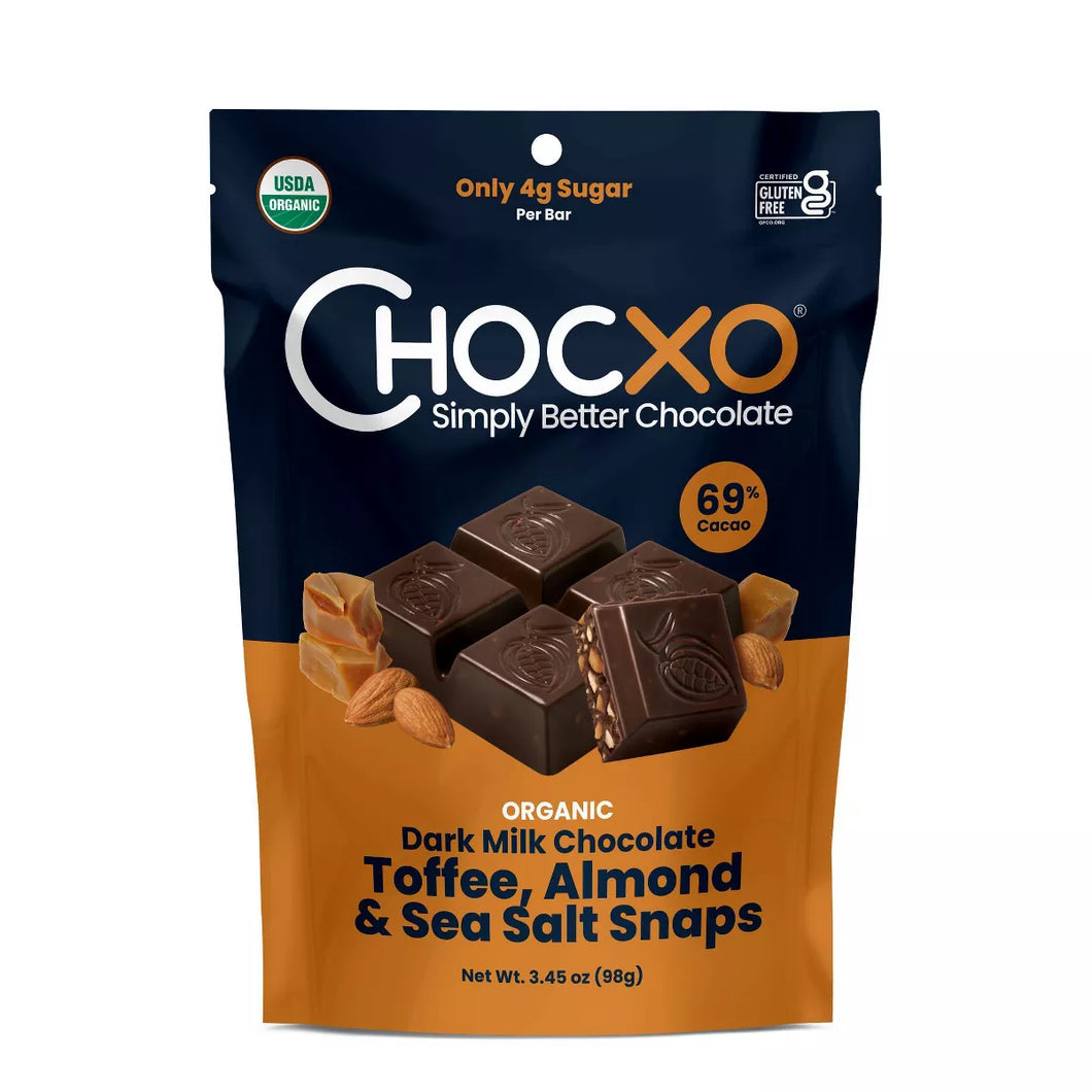 Dark Chocolate Toffee, Almond, & Sea Salt Snaps Chocxo
