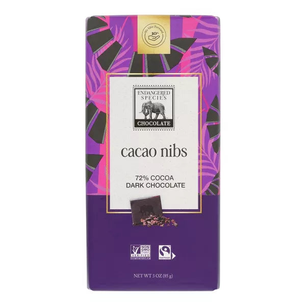Endangered Species Cacao Nib 72% Dark Choc Bar 3oz