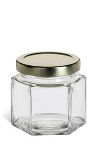 Clear Hex Jar WGold Lid 4 oz