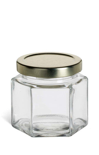 Clear Hex Jar WGold Lid 4 oz